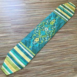 Colorful Embroidered Satin Table Runner Striped Ends Spring Green & Yellow 13x72